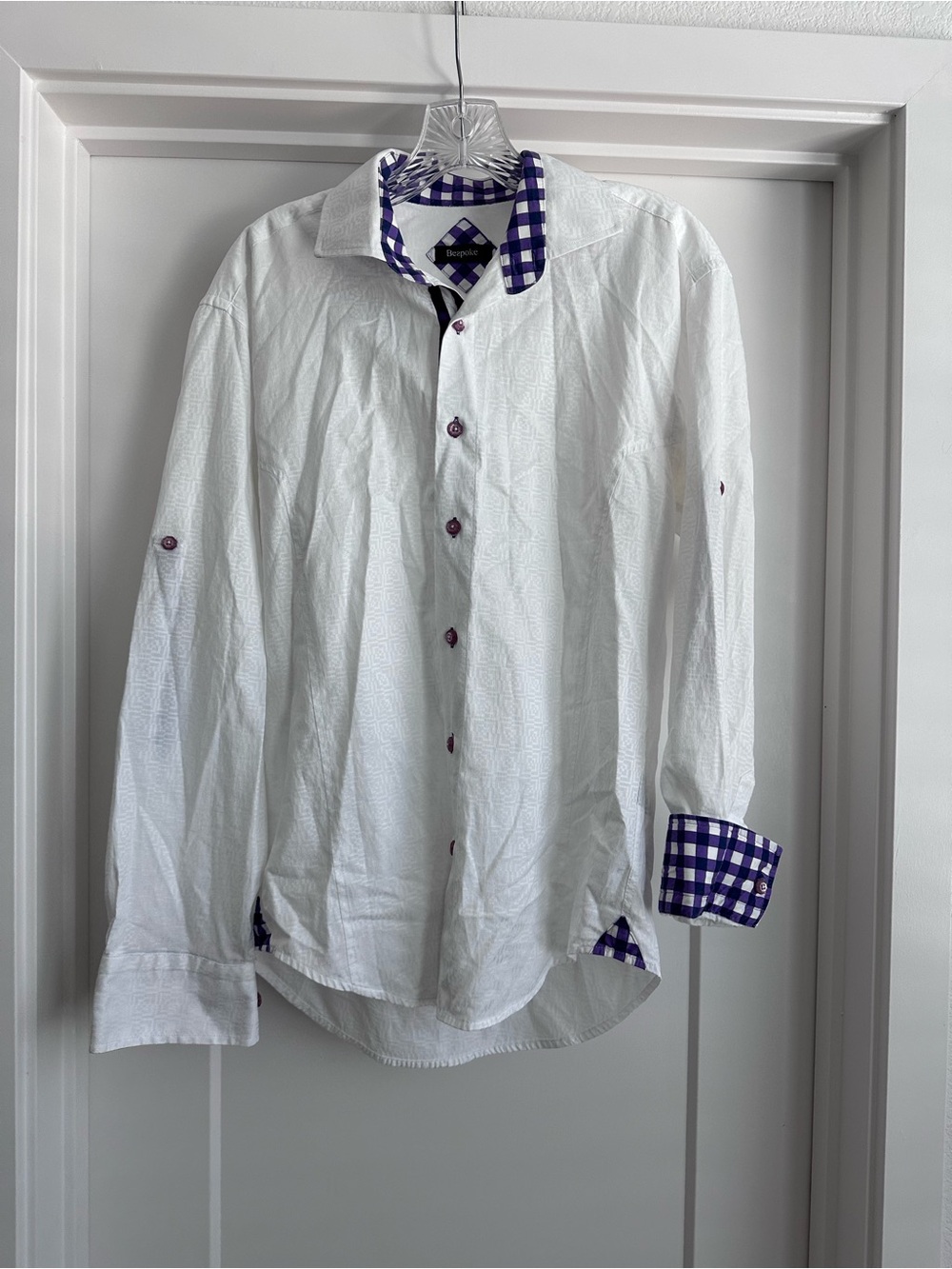 Bespoke White Button-Down Shirt with Purple Gingham Trim